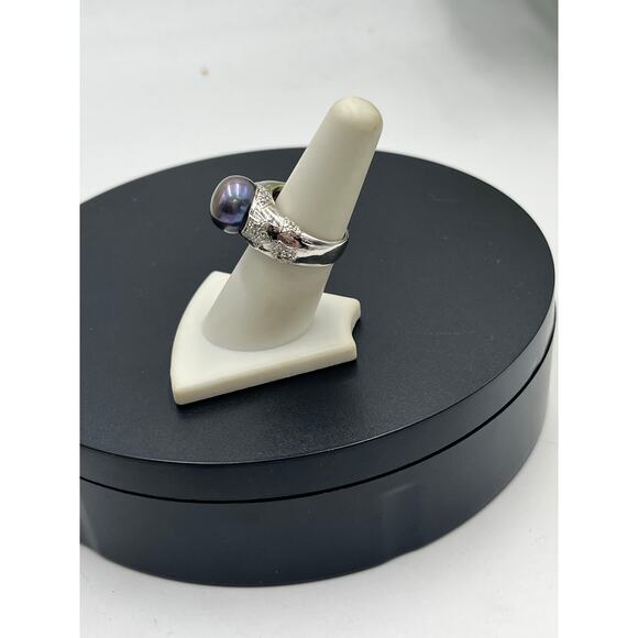 RT Platinum Sterling 12mm Black Cultured Freshwater Pearl Diamond Star Ring 7.25 - Picture 3 of 12